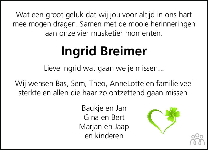 Overlijdensbericht van Ingrid Breimer in Jouster Courant Zuid Friesland