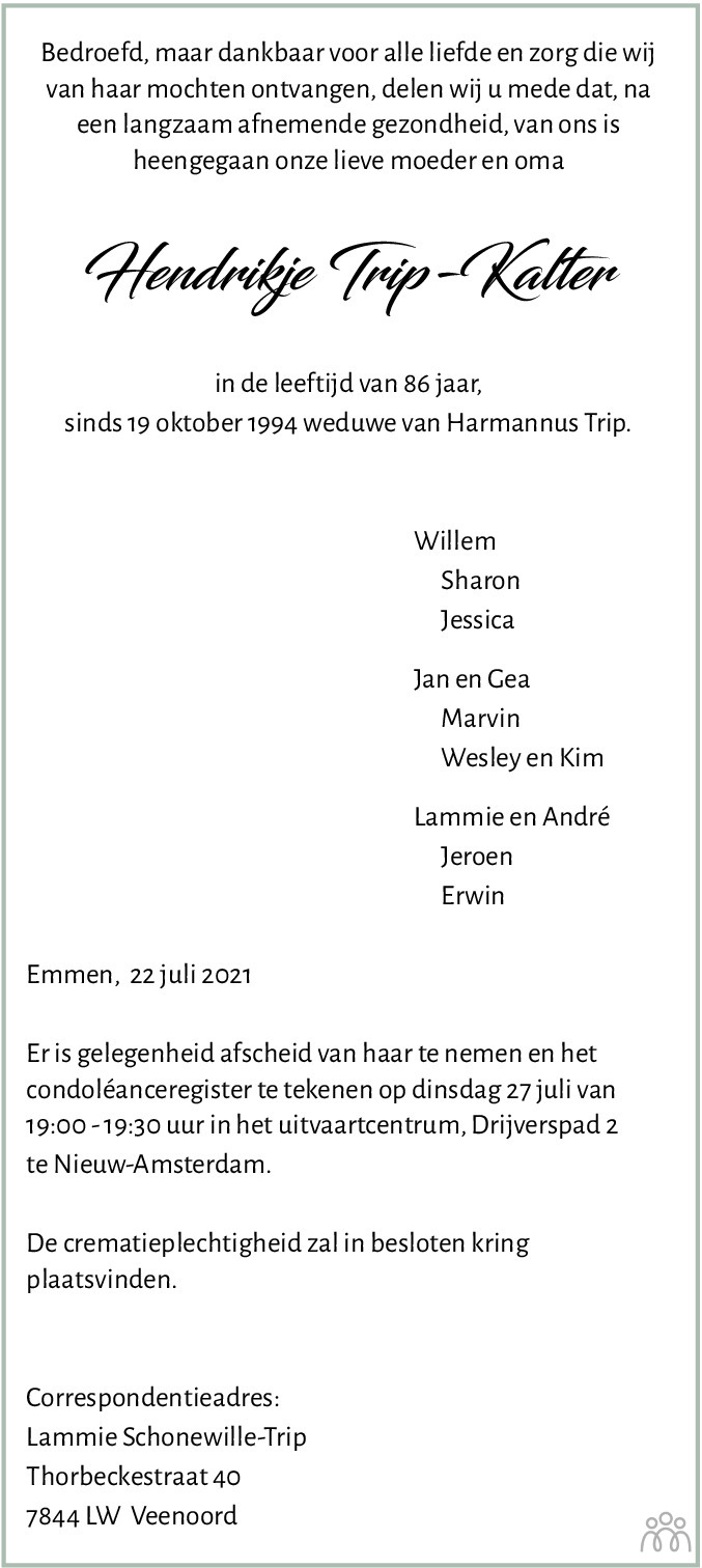 Overlijdensbericht van Hendrikje Trip-Kalter in Dagblad van het Noorden
