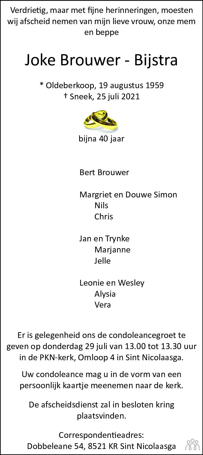 Overlijdensbericht van Joke Brouwer-Bijstra in Leeuwarder Courant