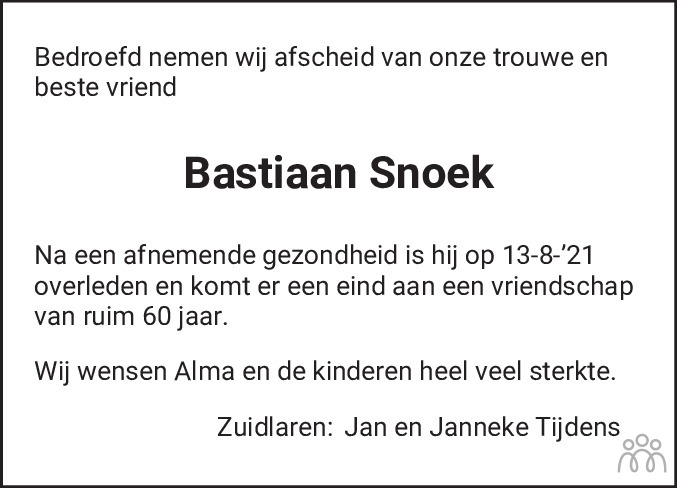 Overlijdensbericht van Amarinus Bastiaan Snoek in Dagblad van het Noorden
