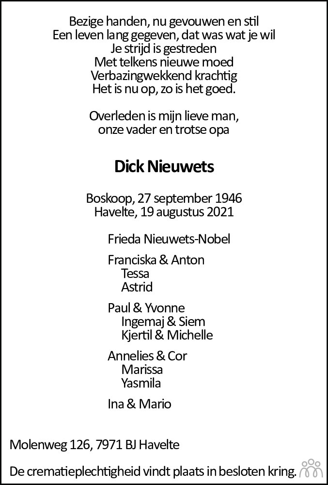 Overlijdensbericht van Dick Nieuwets in Leeuwarder Courant