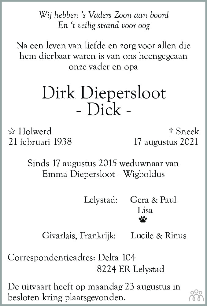 Dirk (Dick) Diepersloot 17-08-2021 overlijdensbericht en condoleances ...