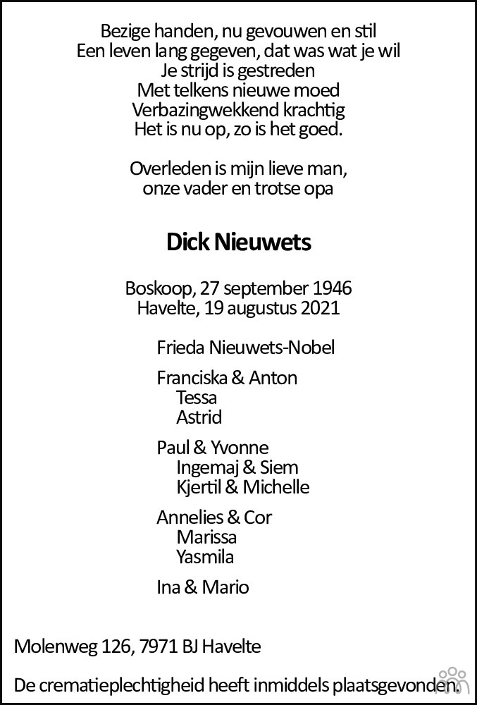 Overlijdensbericht van Dick Nieuwets in Bolswards Nieuwsblad