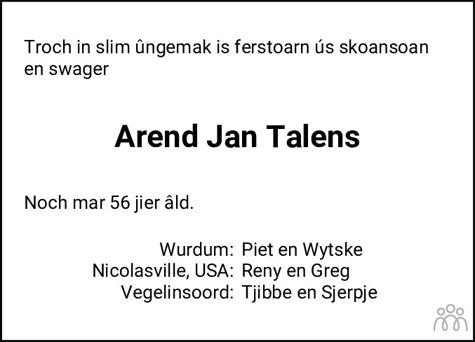 Overlijdensbericht van Arend Jan Talens in Leeuwarder Courant