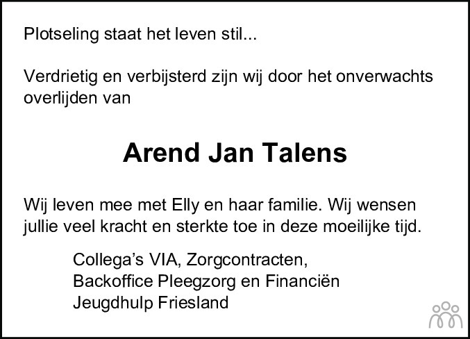 Overlijdensbericht van Arend Jan Talens in Leeuwarder Courant