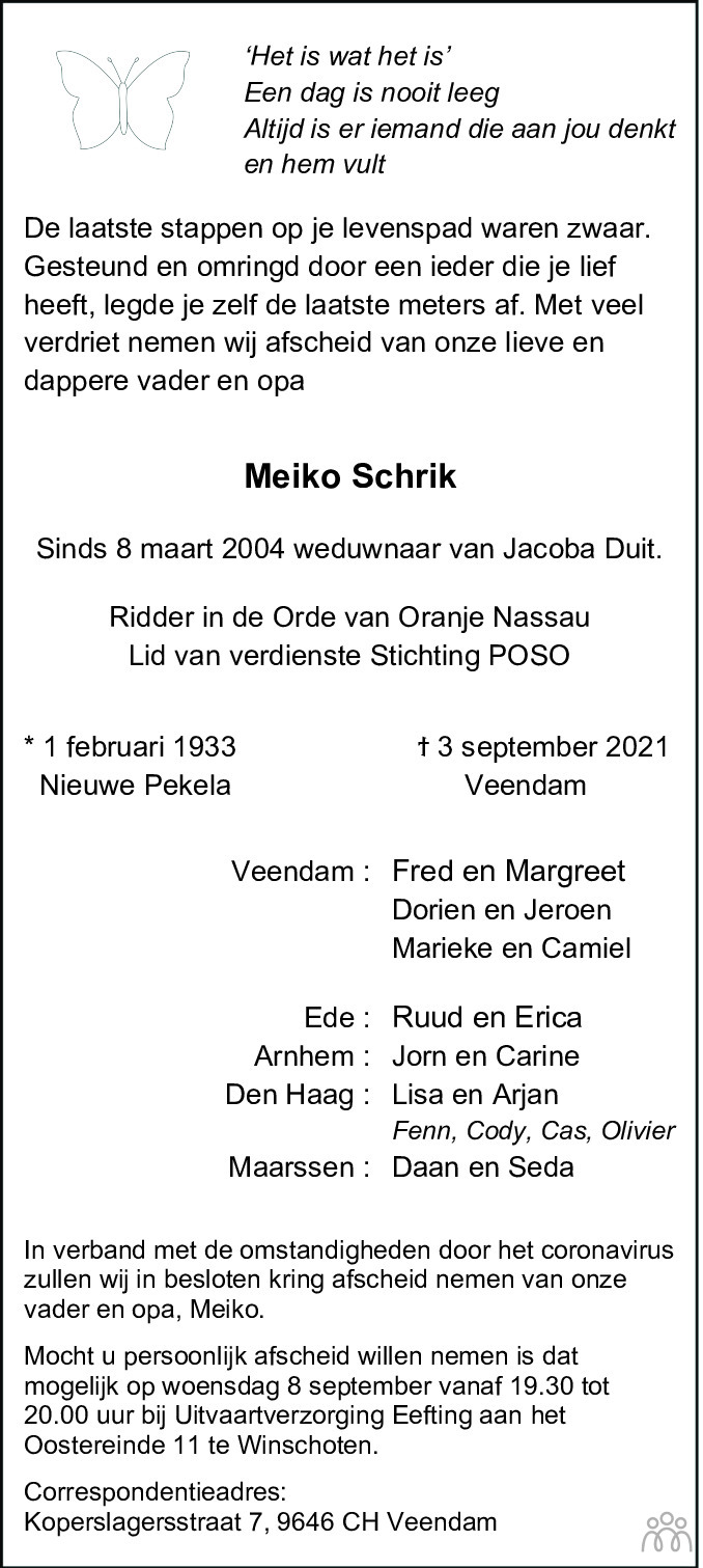 Overlijdensbericht van Meiko Schrik in Dagblad van het Noorden