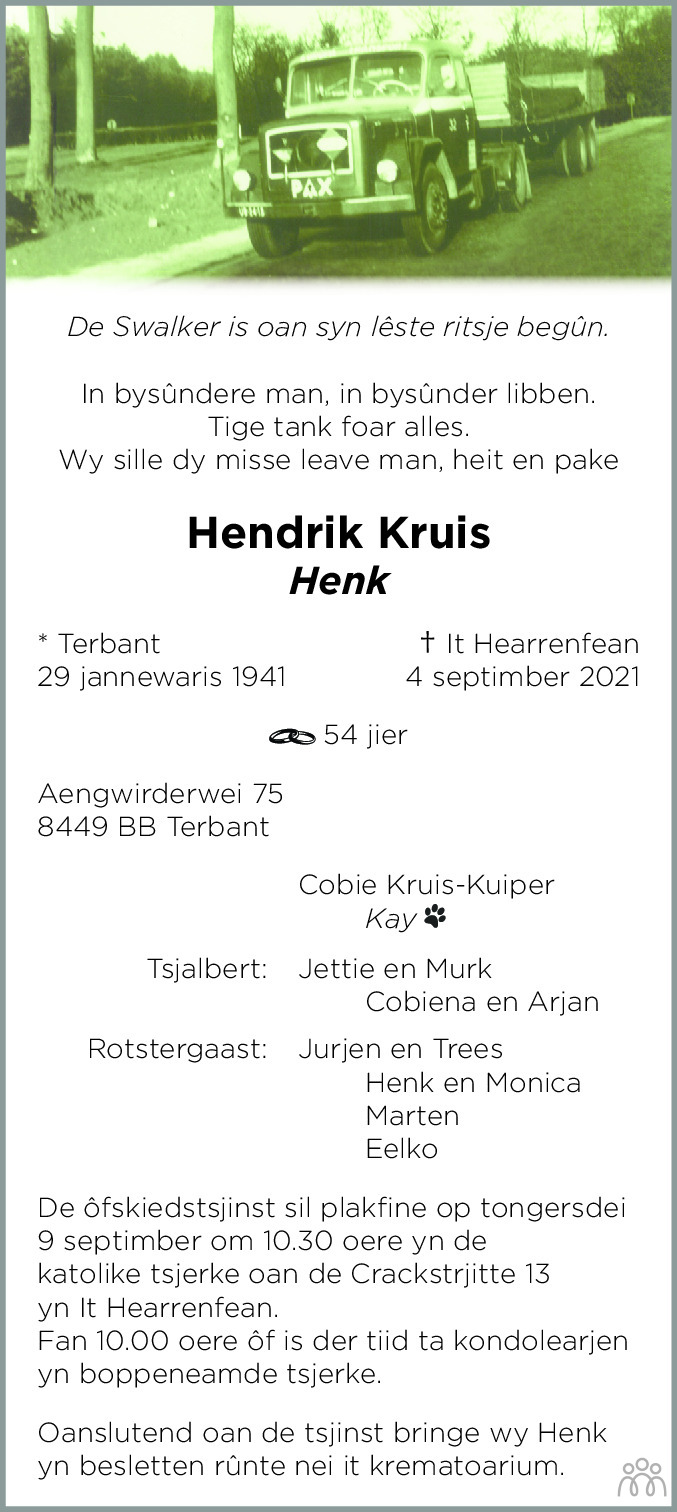 Overlijdensbericht van Hendrik (Henk) Kruis in Leeuwarder Courant