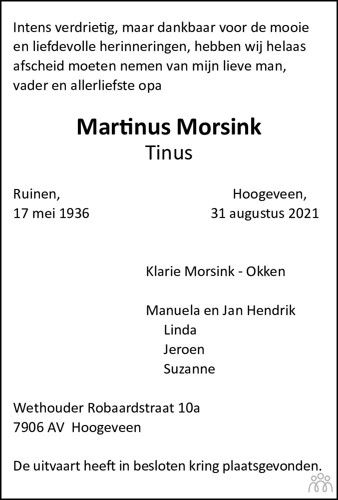 Overlijdensbericht van Martinus (Tinus) Morsink in Hoogeveensche Courant