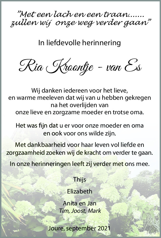 Overlijdensbericht van Maria Cornelia (Ria) Kroontje-van Es in Jouster Courant Zuid Friesland