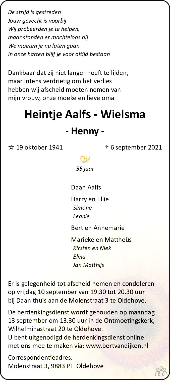 Overlijdensbericht van Henny (Heintje) Aalfs-Wielsma in Dagblad van het Noorden
