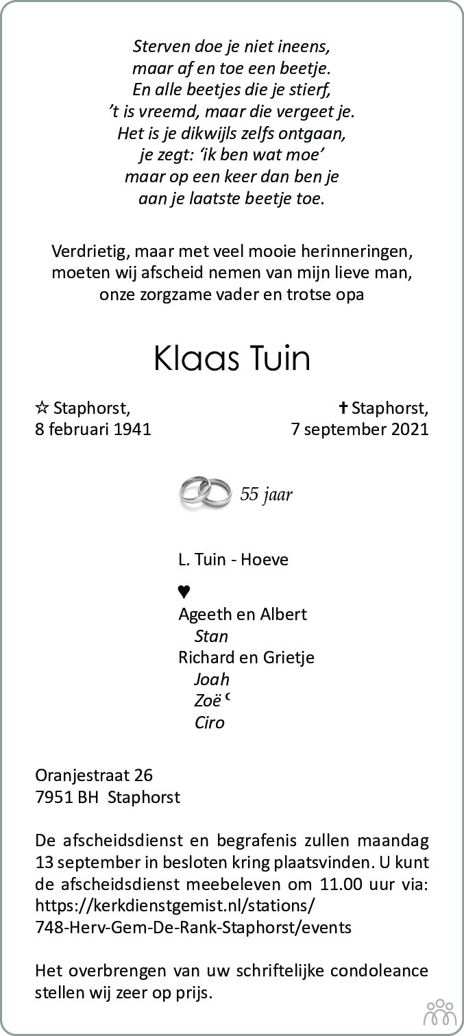 Overlijdensbericht van Klaas Tuin in Meppeler Courant