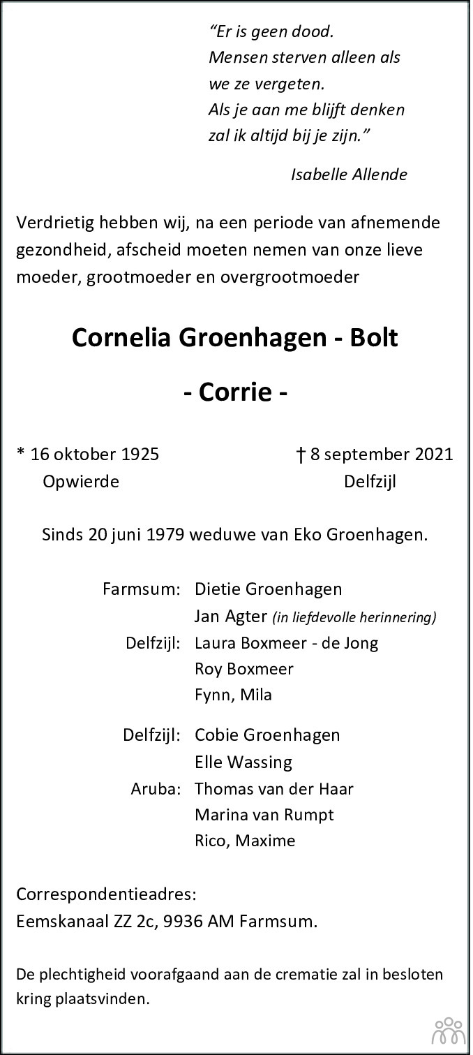 Overlijdensbericht van Cornelia (Corrie) Groenhagen-Bolt in Dagblad van het Noorden
