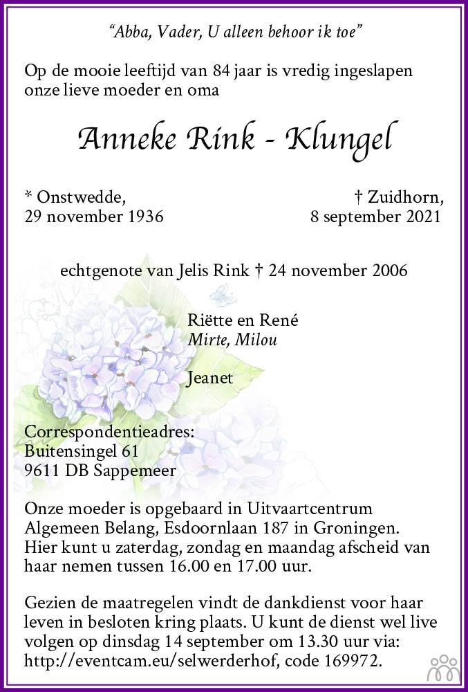 Overlijdensbericht van Anneke Rink-Klungel in Dagblad van het Noorden