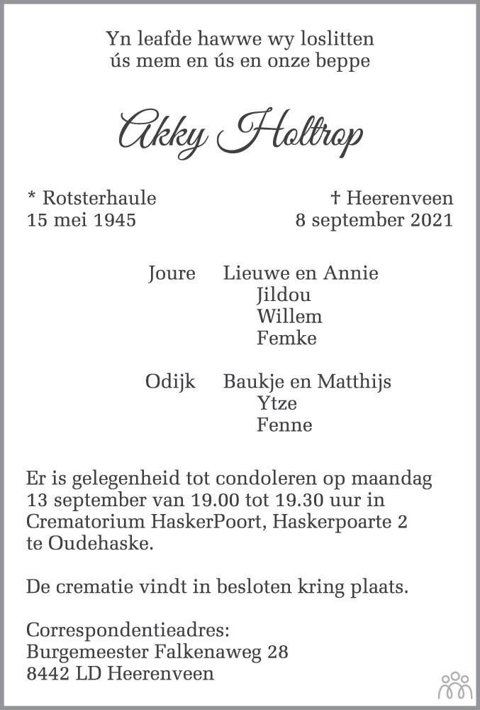 Overlijdensbericht van Akky Holtrop in Leeuwarder Courant