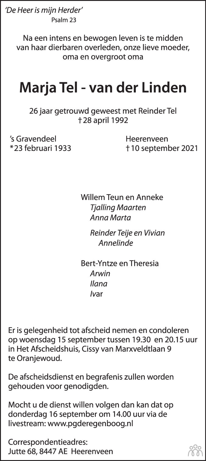 Overlijdensbericht van Marja Tel-van der Linden in Leeuwarder Courant