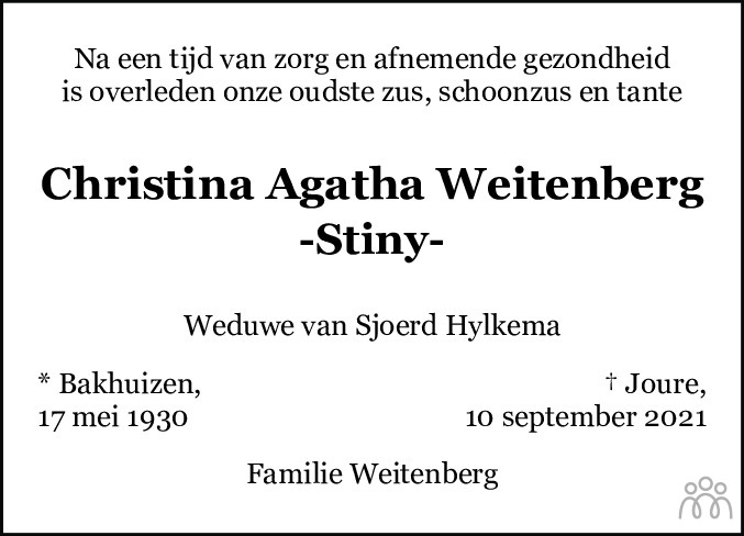 Overlijdensbericht van Christina Agatha (Stiny) Weitenberg in Leeuwarder Courant