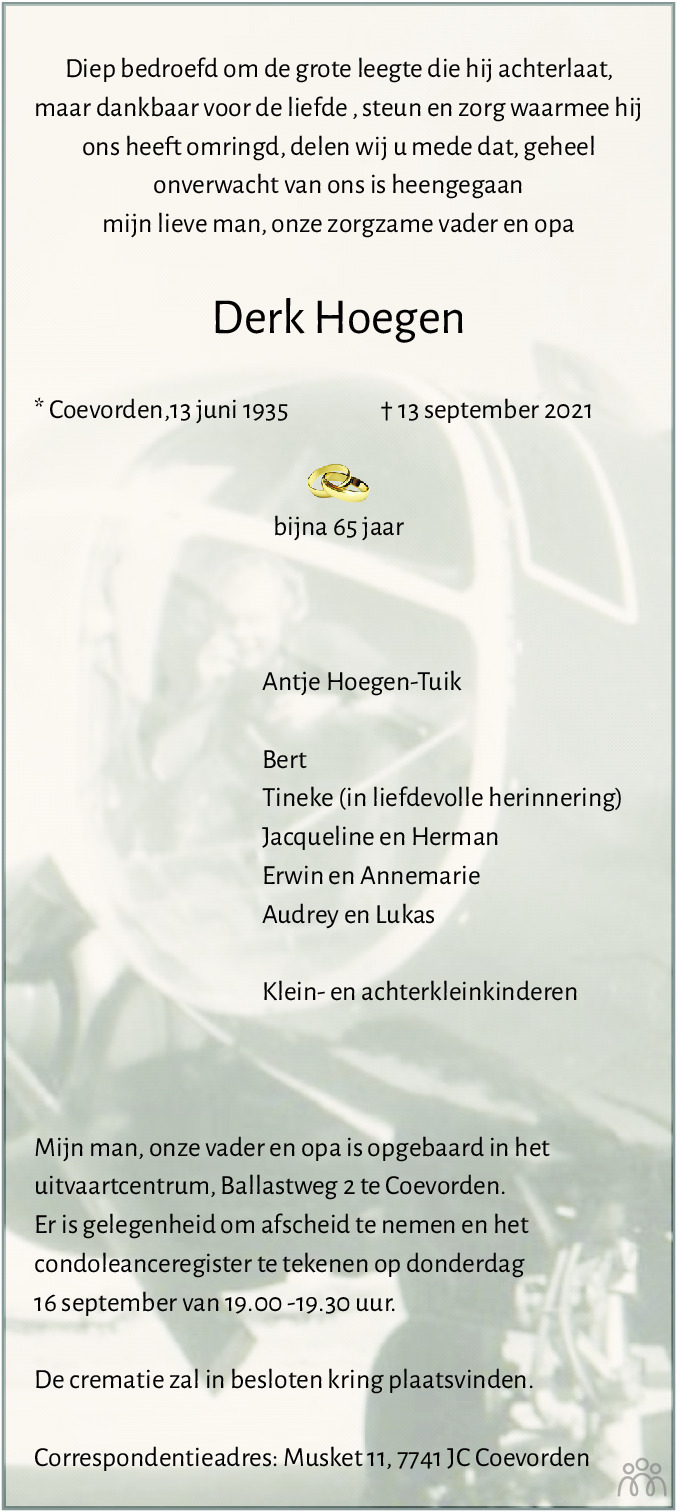 Overlijdensbericht van Derk Hoegen in Dagblad van het Noorden