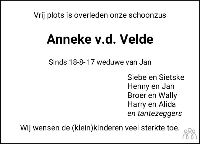 Anneke (Annie) van der Velde-Bruining 18-09-2021 overlijdensbericht en