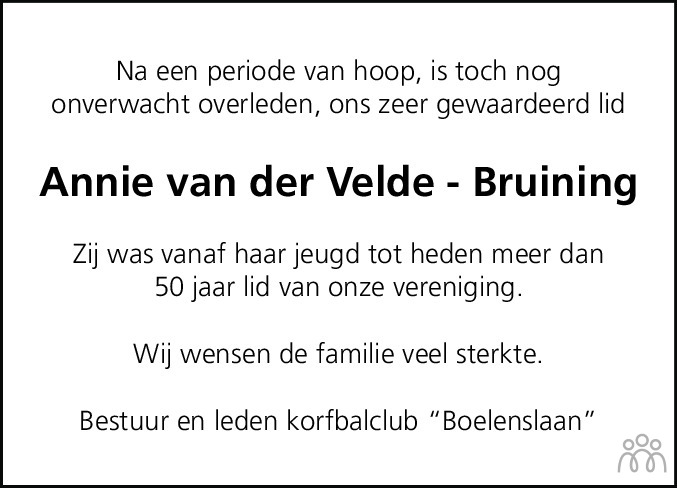 Anneke (Annie) van der Velde-Bruining 18-09-2021 overlijdensbericht en
