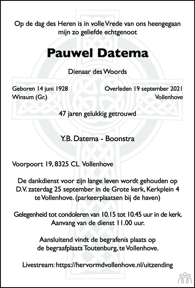 Overlijdensbericht van Pauwel (Paul) Datema in Leeuwarder Courant