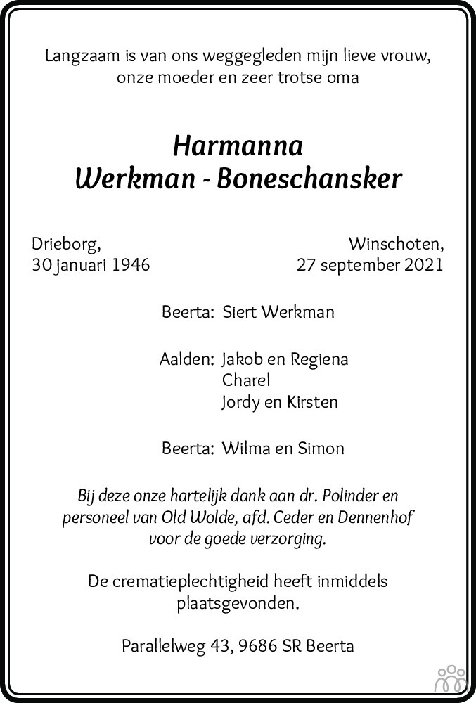 Overlijdensbericht van Harmanna Werkman-Boneschansker in Dagblad van het Noorden