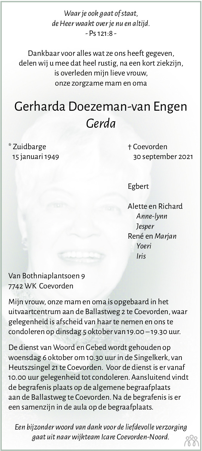 Overlijdensbericht van Gerharda (Gerda) Doezeman-van Engen in Dagblad van het Noorden