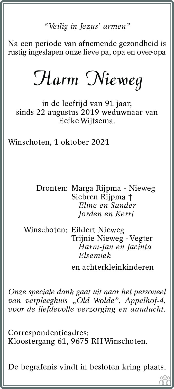 Overlijdensbericht van Harm Nieweg in Kanaalstreek Ter Apeler Courant