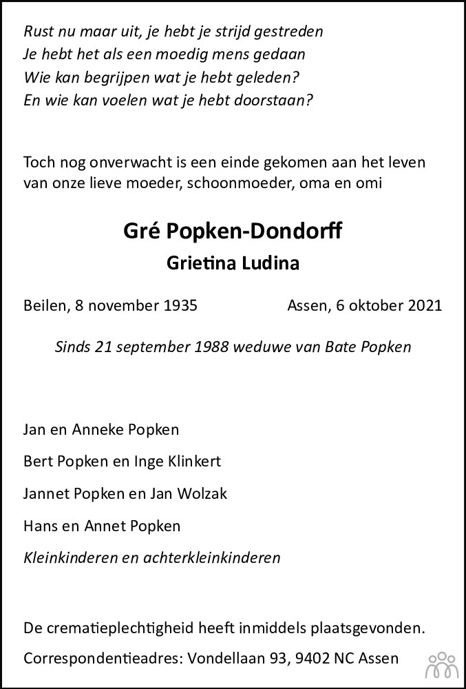 Overlijdensbericht van Gré (Grietina Ludina) Popken-Dondorff in Dagblad van het Noorden