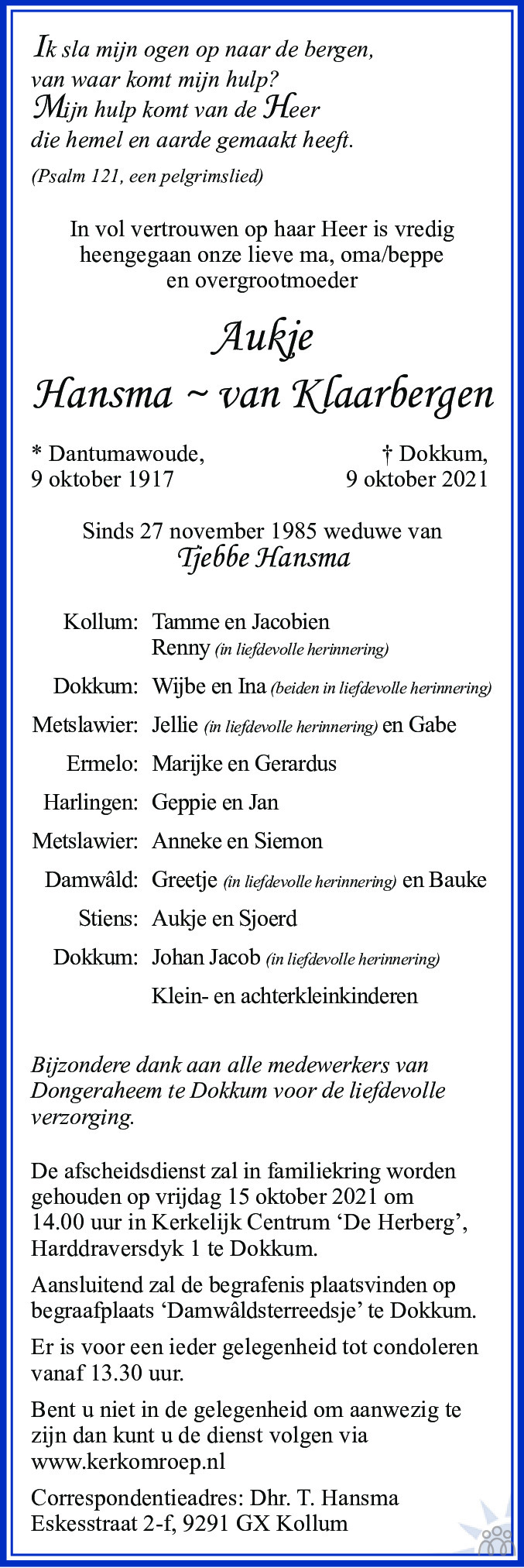 Overlijdensbericht van Aukje Hansma-van Klaarbergen in Leeuwarder Courant