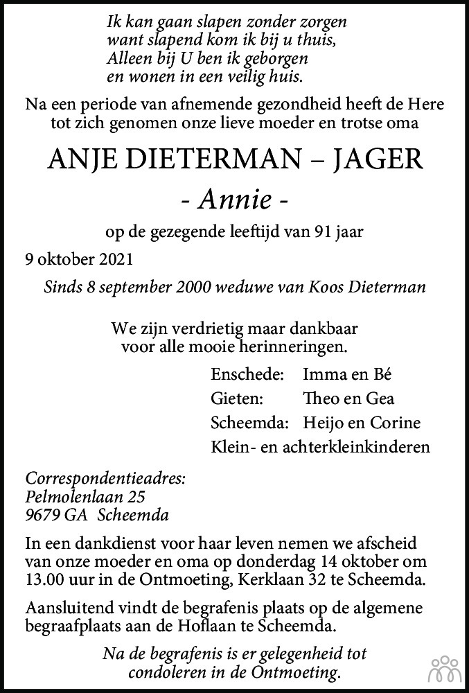 Overlijdensbericht van Anje (Annie) Dieterman-Jager in Streekblad/Pekelder Streekblad