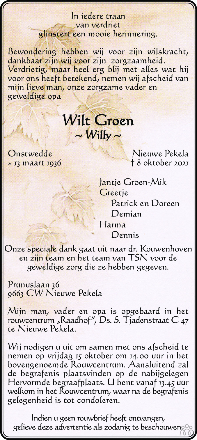 Overlijdensbericht van Wilt (Willy) Groen in Dagblad van het Noorden