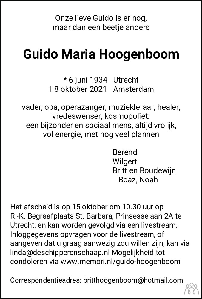 Overlijdensbericht van Guido Maria Hoogenboom in Flevopost Dronten