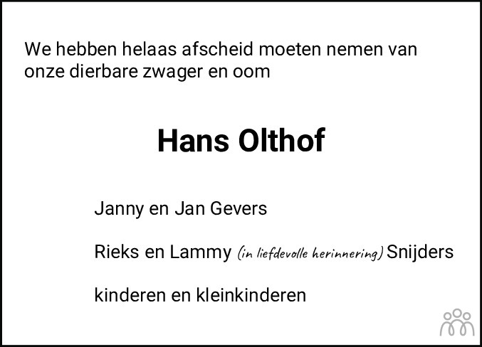 Overlijdensbericht van Johannes (Hans) Olthof in Dagblad van het Noorden
