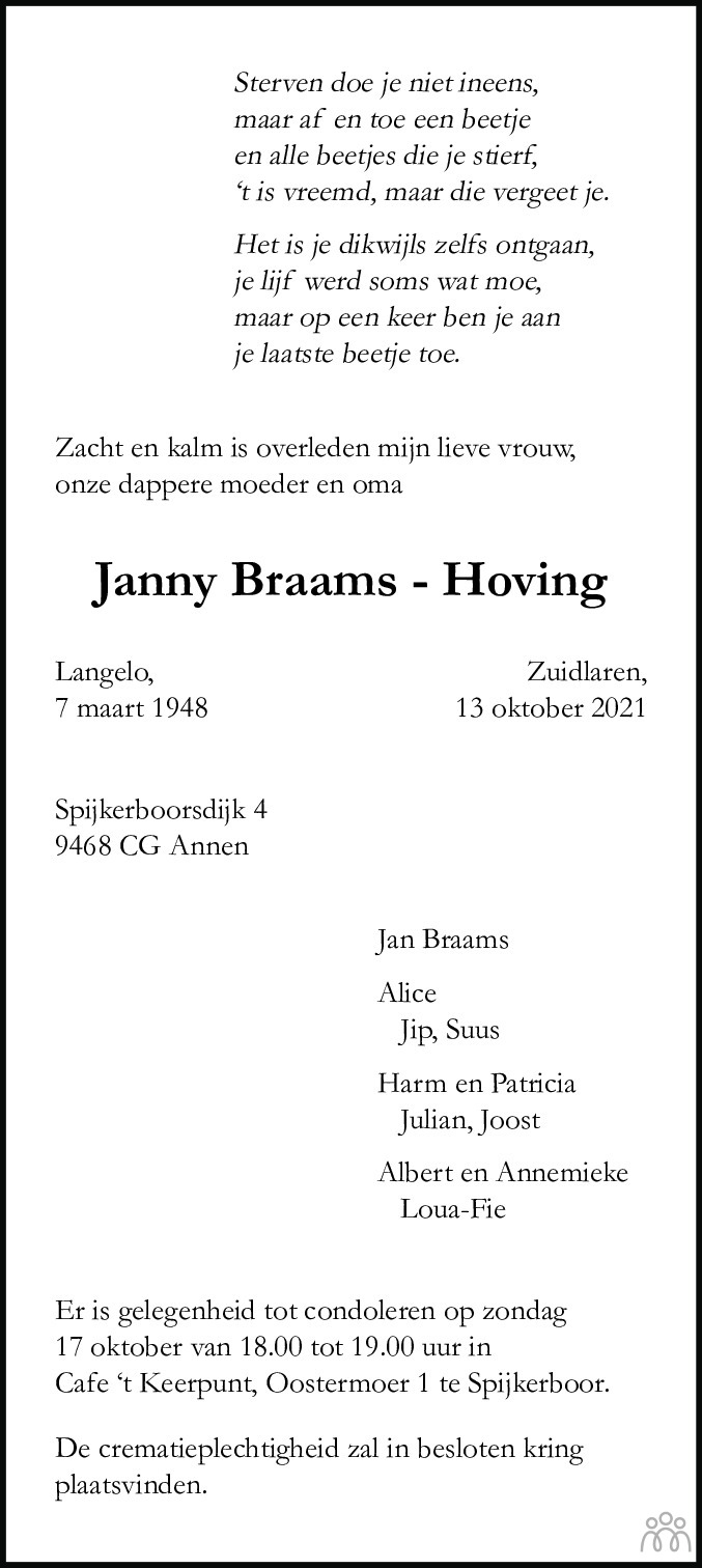 Overlijdensbericht van Janny Braams-Hoving in Dagblad van het Noorden