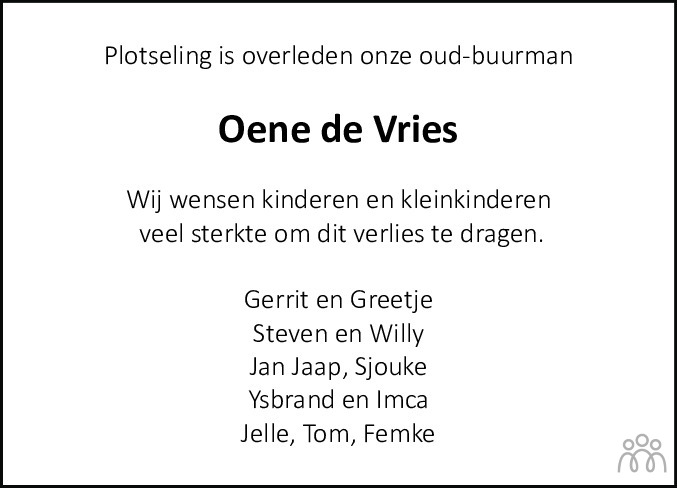 Overlijdensbericht van Oene de Vries in Leeuwarder Courant