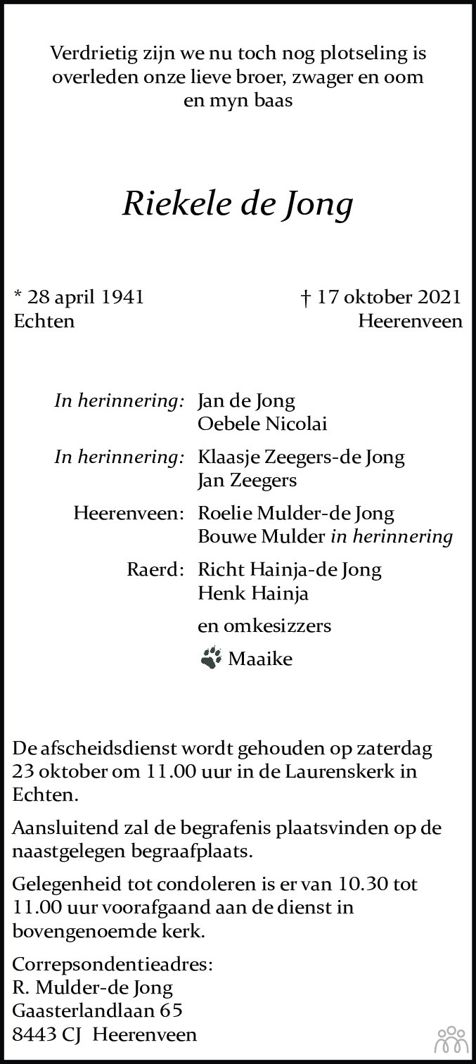 Overlijdensbericht van Riekele de Jong in Leeuwarder Courant