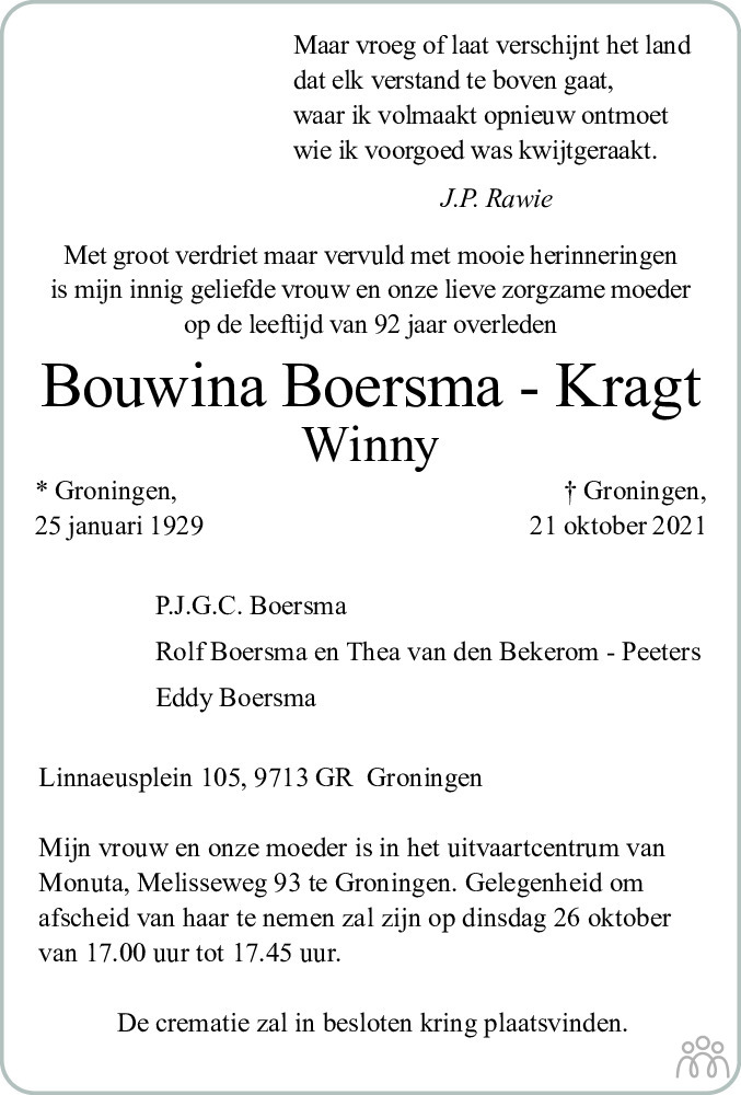 Overlijdensbericht van Bouwina (Winny) Boersma-Kragt in Dagblad van het Noorden