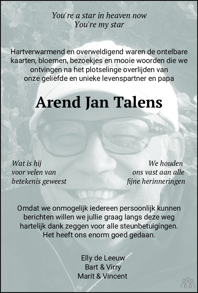 Overlijdensbericht van Arend Jan Talens in Dagblad van het Noorden