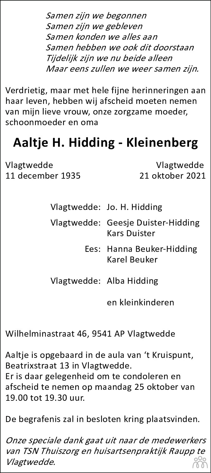 Overlijdensbericht van Aaltje H. Hidding-Kleinenberg in Dagblad van het Noorden