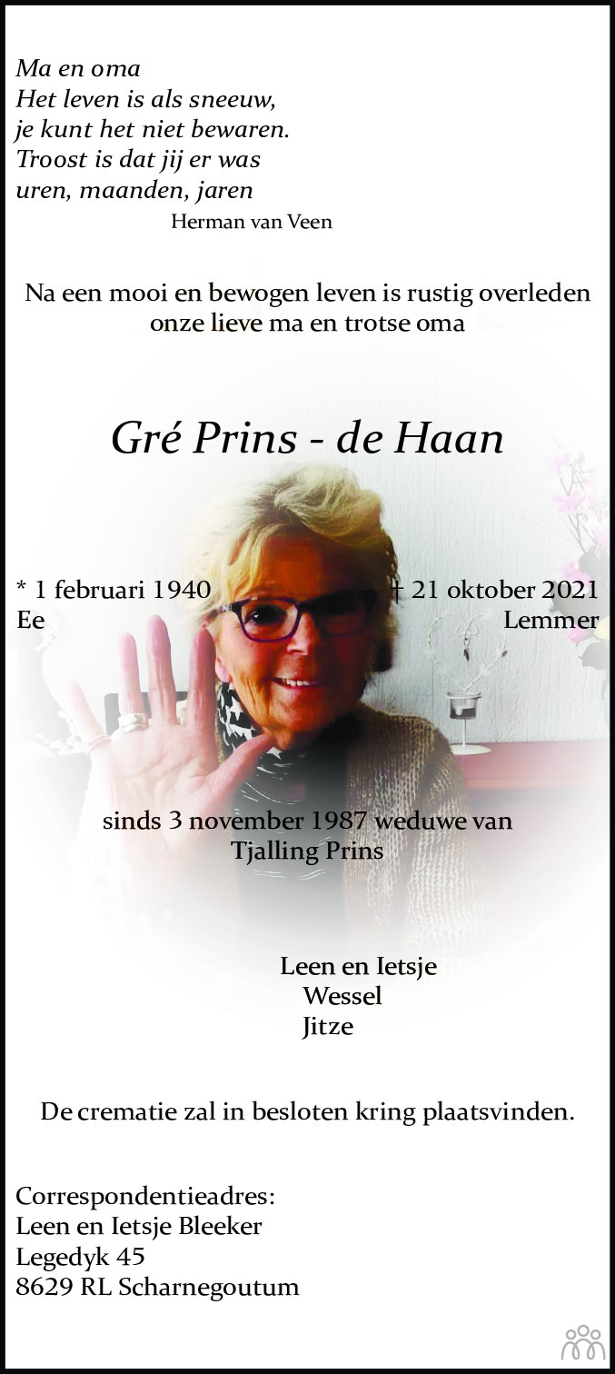 Overlijdensbericht van Gré Prins-de Haan in Leeuwarder Courant