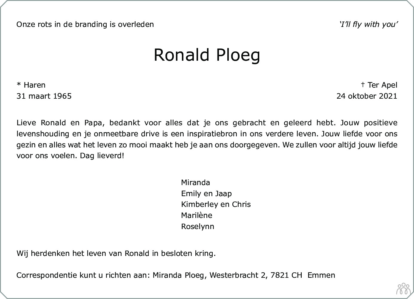 Ronald Herman Ploeg 24-10-2021 overlijdensbericht en condoleances