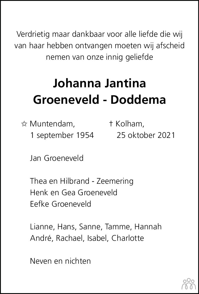 Overlijdensbericht van Johanna Jantina Groeneveld-Doddema in Dagblad van het Noorden