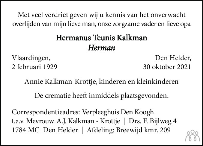 Overlijdensbericht van Hermanus Teunis Kalkman in Leeuwarder Courant