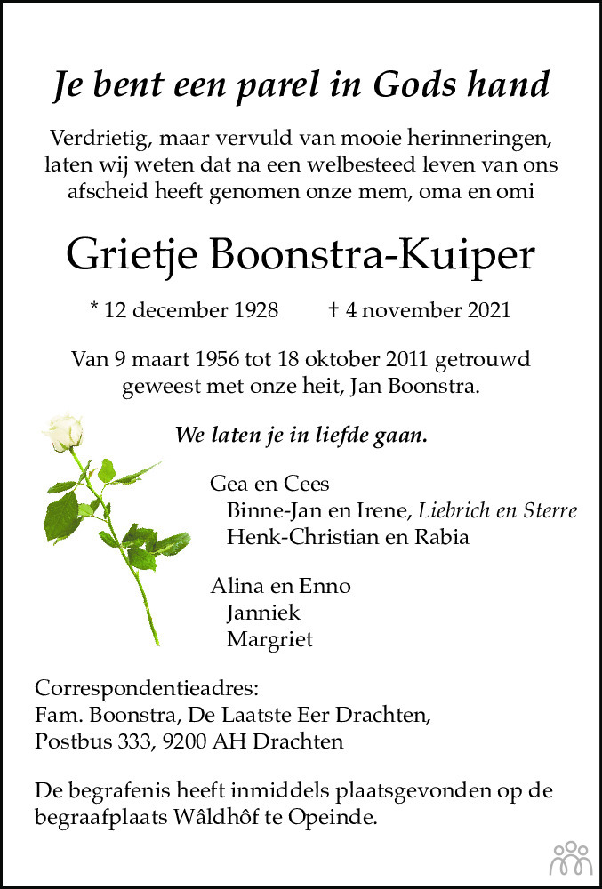 Grietje Boonstra Kuiper 04 11 2021 Overlijdensbericht En Condoleances