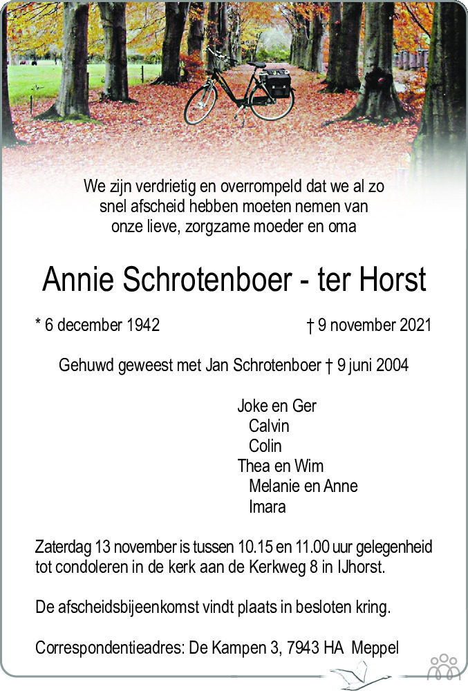 Annie Schrotenboer Ter Horst 09 11 2021 Overlijdensbericht En