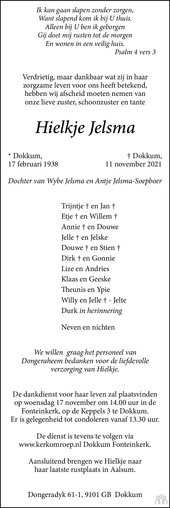 Overlijdensbericht van Hielkje Jelsma in Friesch Dagblad