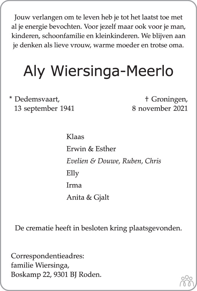 Overlijdensbericht van Aly Wiersinga-Meerlo in Dagblad van het Noorden