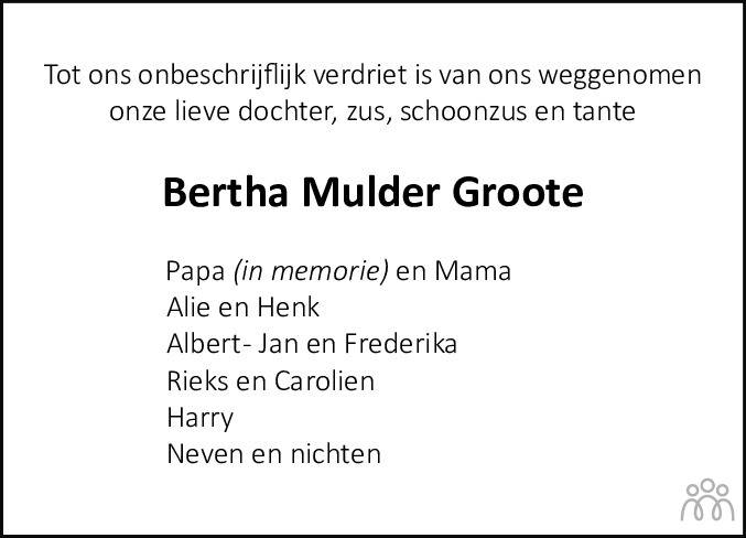 Overlijdensbericht van Bertha Mulder-Groote in Coevorden Huis aan Huis