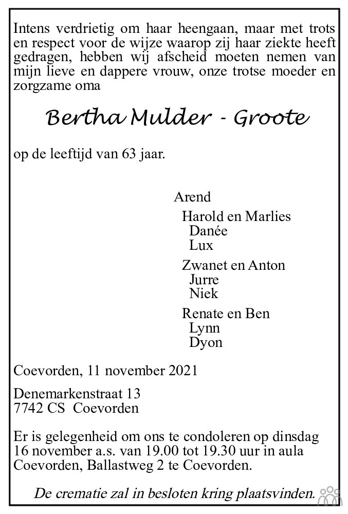 Overlijdensbericht van Bertha Mulder-Groote in Coevorden Huis aan Huis