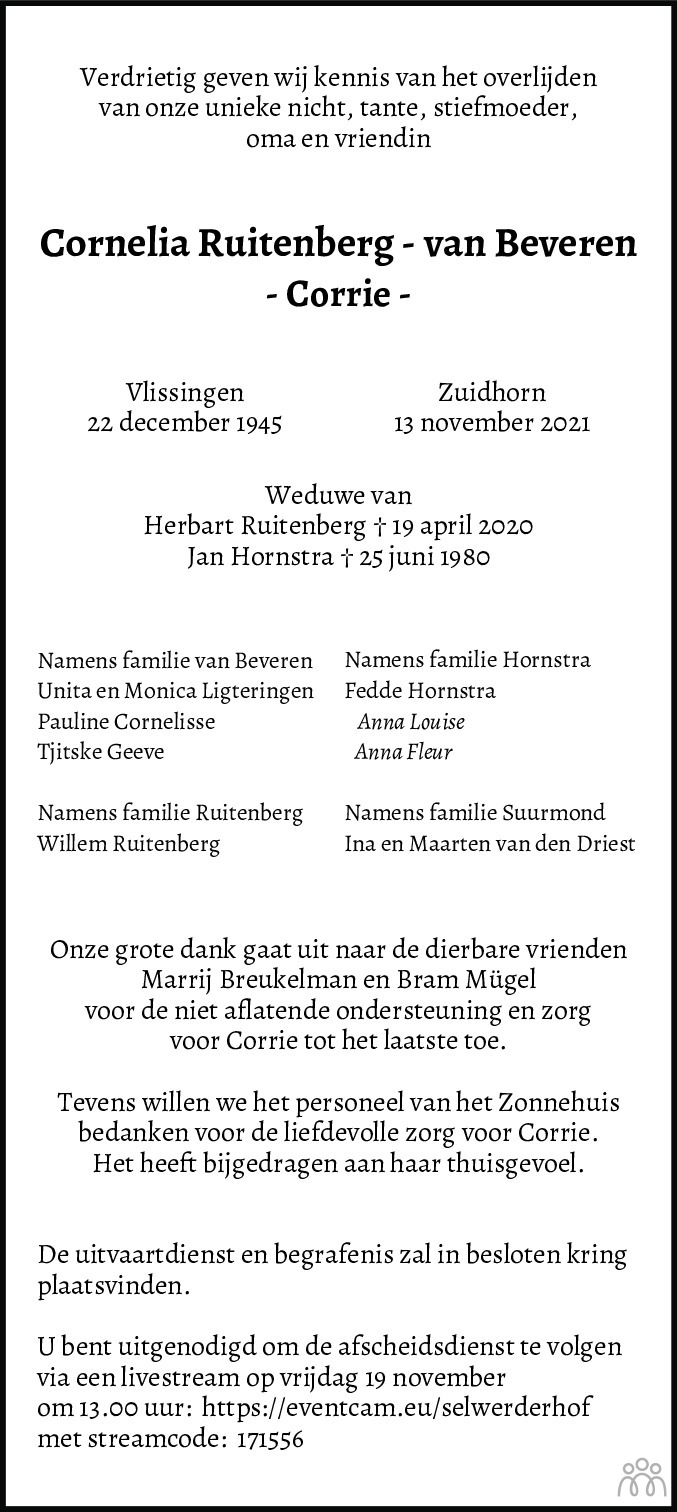 Overlijdensbericht van Corrie (Cornelia) Ruitenberg-van Beveren in Dagblad van het Noorden